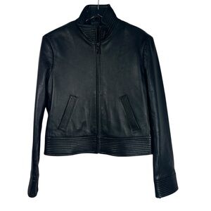 SALLY & JOHN Black Smooth Italian Leather Bommer Full Zip Crop Jacket Medium